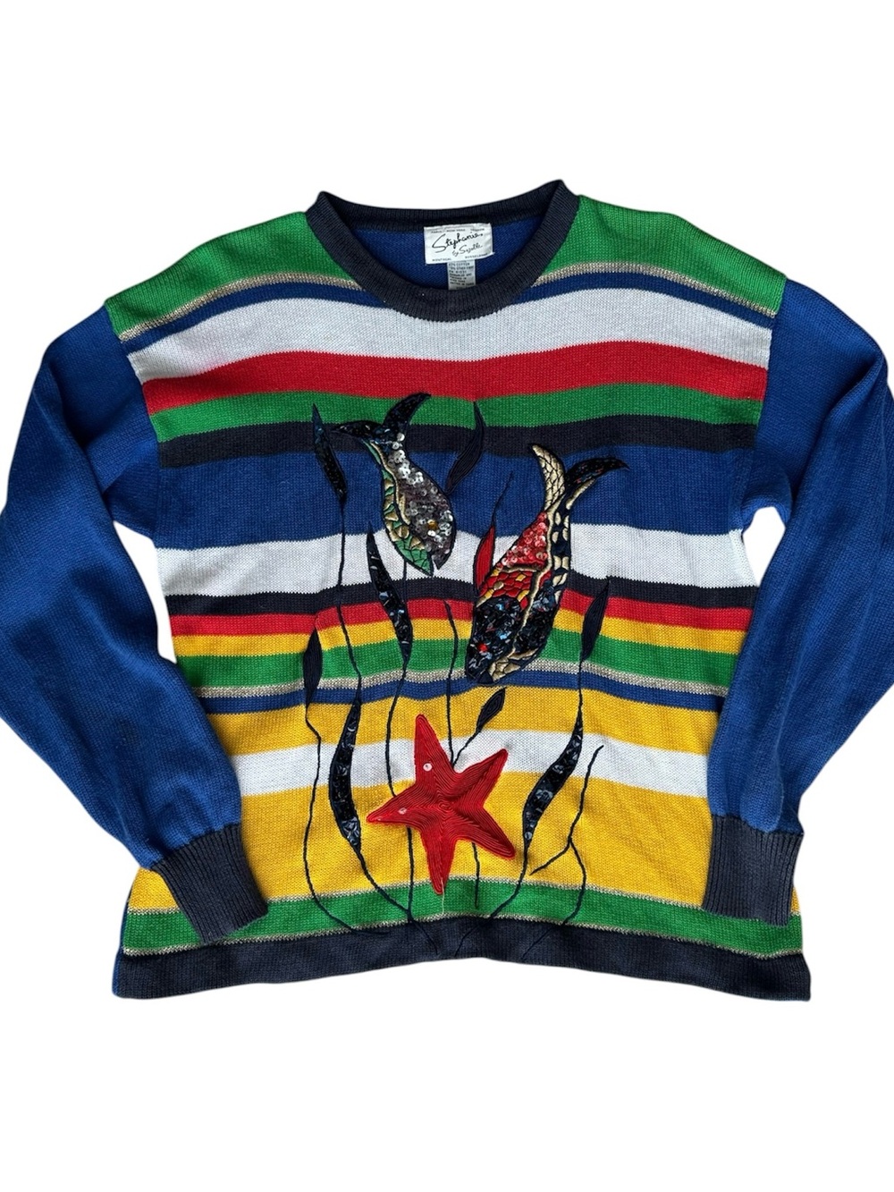 Vintage 80s Novelty Nautical Fish Starfish Sequins Knit Sweater Large